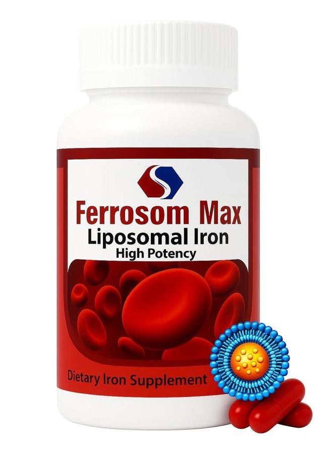 Ferrosom Max Liposomal Iron Supplement 60 Capsules (45mg Pure Elemental Iron) by Siba Pharm | Maximum Absorption Formula | Non GMO, Vegan, Premium Quality | Helps New Blood Cell Production. - Image 1