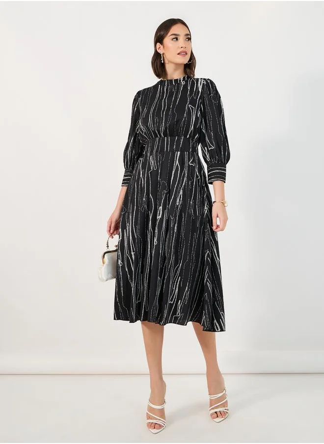 Styli All Over Print 3/4th Sleeves A-Line Midi Dress