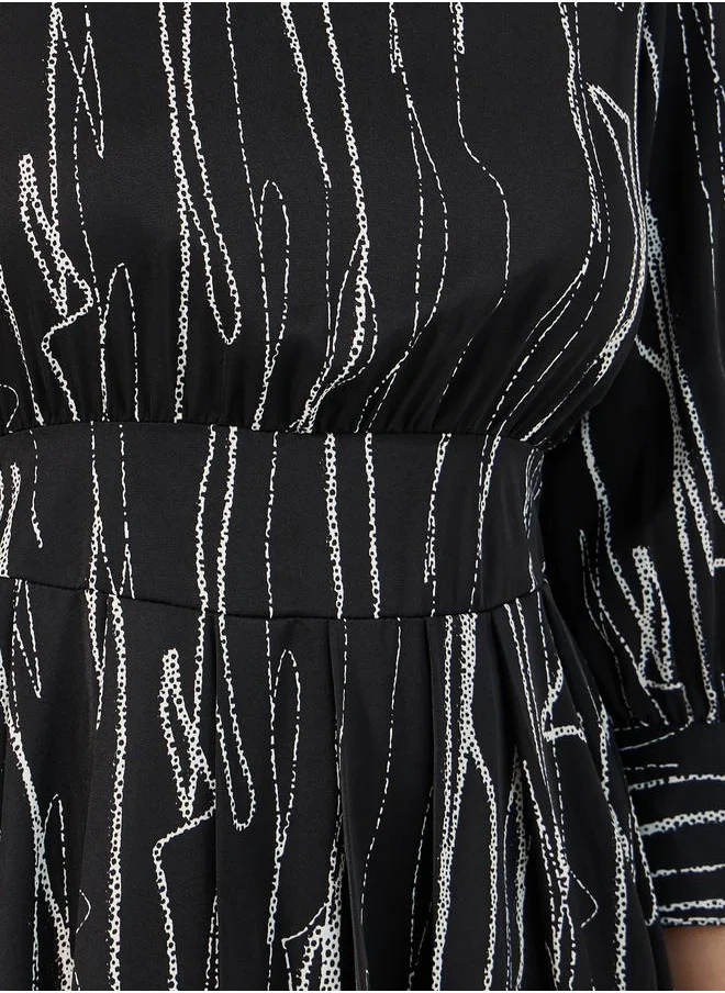 Styli All Over Print 3/4th Sleeves A-Line Midi Dress