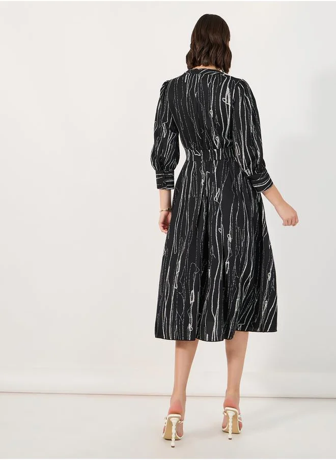 Styli All Over Print 3/4th Sleeves A-Line Midi Dress