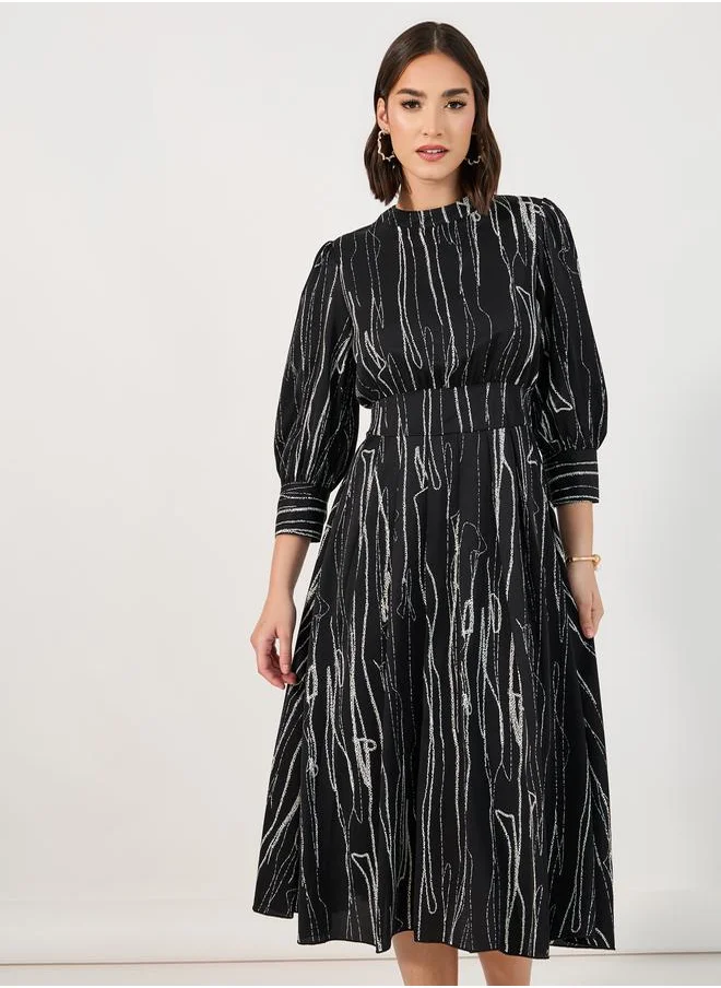 Styli All Over Print 3/4th Sleeves A-Line Midi Dress