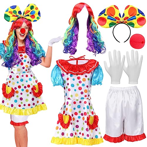 Handepo 6 Pcs Clown Costume Set Women Circus Dress Rainbow Clown Wig Headband Nose Shorts Gloves for Halloween cosplay(XX-Large) - Image 1