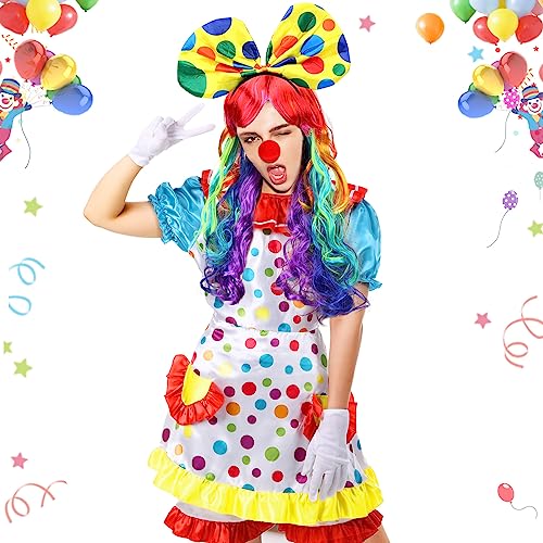 Handepo 6 Pcs Clown Costume Set Women Circus Dress Rainbow Clown Wig Headband Nose Shorts Gloves for Halloween cosplay(XX-Large) - Image 3