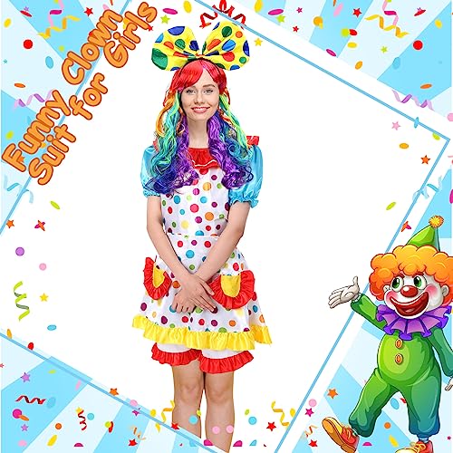 Handepo 6 Pcs Clown Costume Set Women Circus Dress Rainbow Clown Wig Headband Nose Shorts Gloves for Halloween cosplay(XX-Large) - Image 4