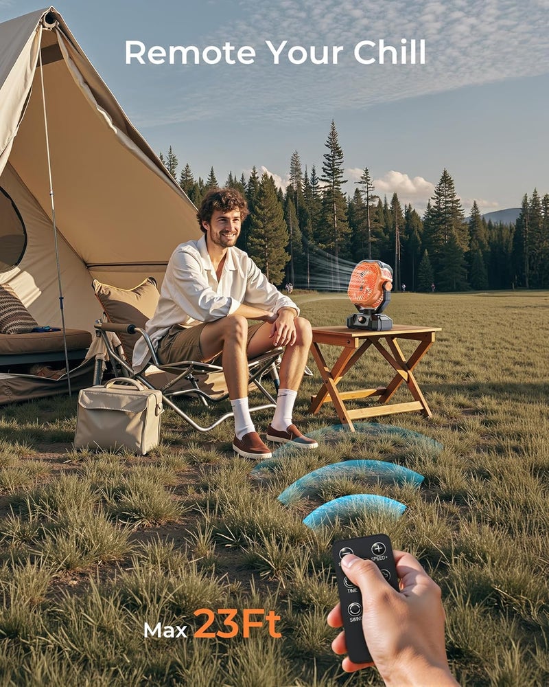 Koonie Portable Camping Fan, Misting Desk Fan with Remote, 360ML Water Tank, 16000mAh, 5 Speeds, Timer, 18-70 Working Hours, Battery Operated Fan for RV Camp Hurricane Emergency Orange - Image 5
