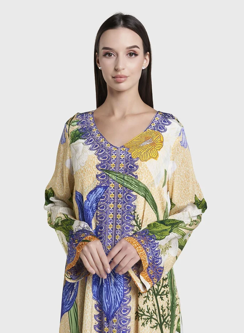 كشخة Yellow Floral and Leopard Print Stone Work Jalabiya (VDC138)