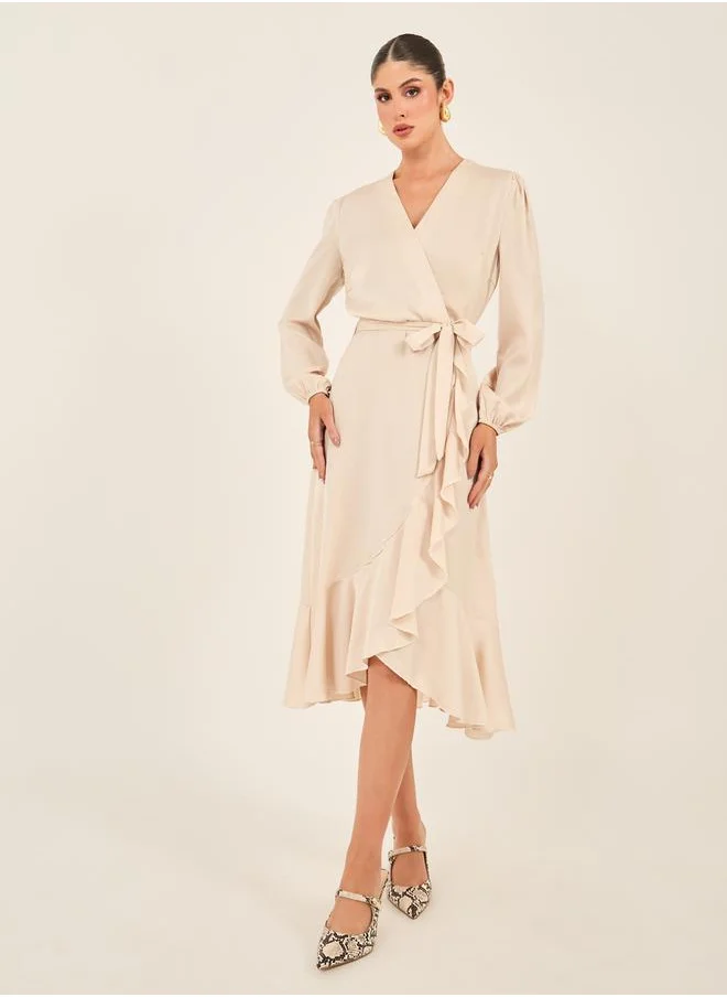 ستايلي Solid Balloon Sleeve Wrap Midi Dress with Ruffle Details