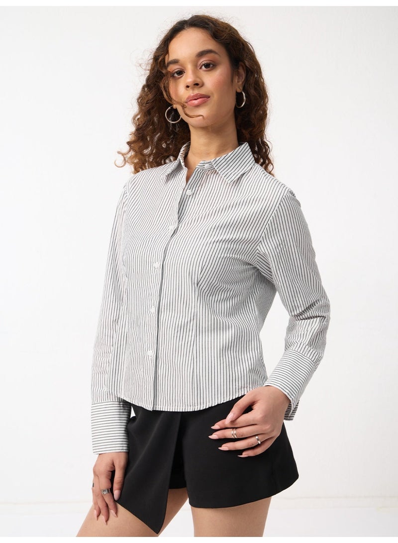 The Souled Store Classic Line: Tailored Stripe Women and Girls Full Sleeves Spread Collar White and Black Striped Cotton Regular Fit Lightweight Comfortable All-Season Shirt - Image 1