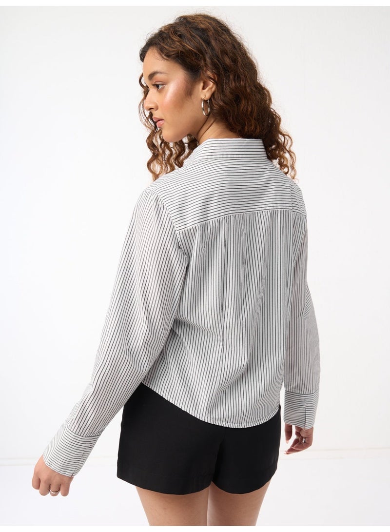 The Souled Store Classic Line: Tailored Stripe Women and Girls Full Sleeves Spread Collar White and Black Striped Cotton Regular Fit Lightweight Comfortable All-Season Shirt - Image 4