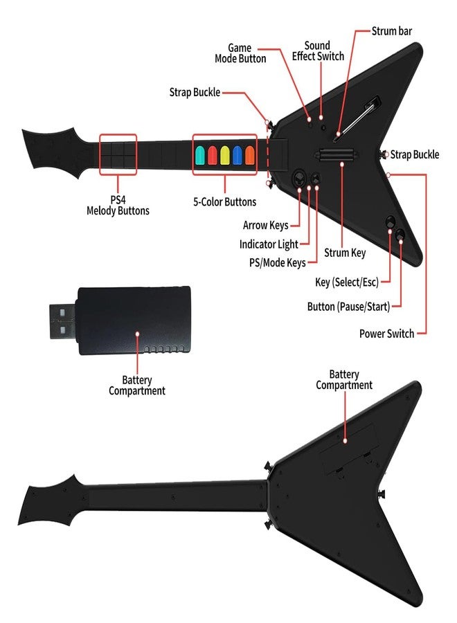 DOYO وحدة تحكم DOYO PC اللاسلكية لجيتار هيرو مع دونجل لـ PS3، PS4/بلاي ستيشن 4، متوافقة مع جيتار هيرو و روك باند، توصيل وتشغيل - Image 5