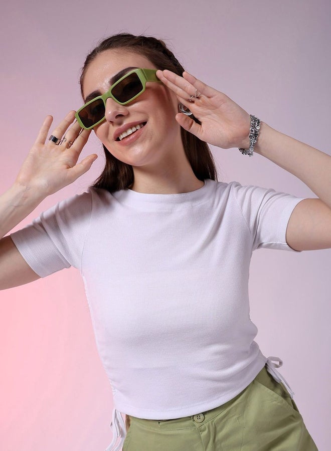 Freehand Women White Ribbed Ruched Top - Image 1