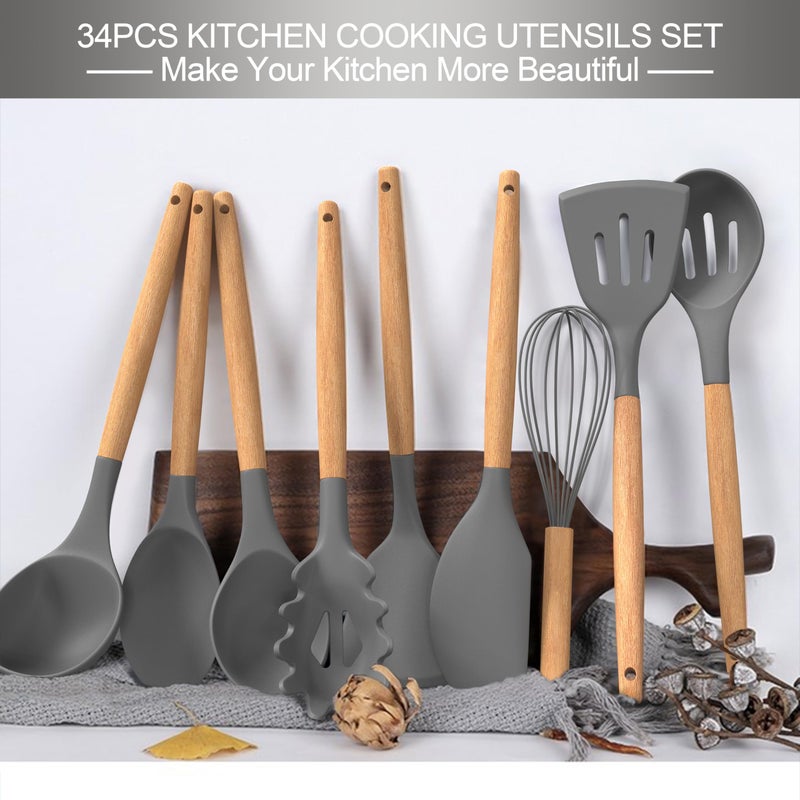 CACOLES Silicone Cooking Utensils Set 43Pcs Non-Stick Heat Resistant Kitchen Utensils Spatula Set With Wooden Handle For Baking Cooking And Mixing Best Kitchen Gadgets Tools With Holder (Grey) - Image 2