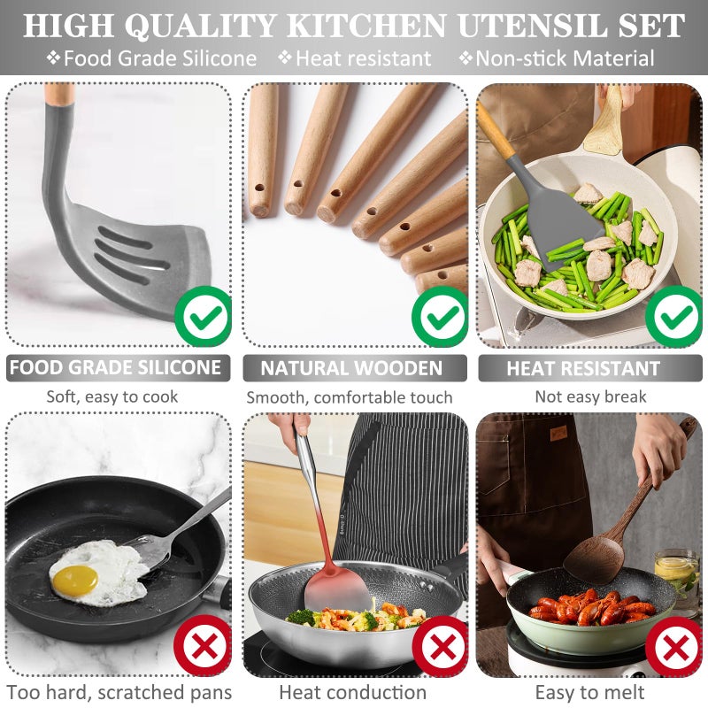 CACOLES Silicone Cooking Utensils Set 43Pcs Non-Stick Heat Resistant Kitchen Utensils Spatula Set With Wooden Handle For Baking Cooking And Mixing Best Kitchen Gadgets Tools With Holder (Grey) - Image 4