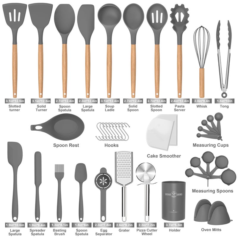 CACOLES Silicone Cooking Utensils Set 43Pcs Non-Stick Heat Resistant Kitchen Utensils Spatula Set With Wooden Handle For Baking Cooking And Mixing Best Kitchen Gadgets Tools With Holder (Grey) - Image 3