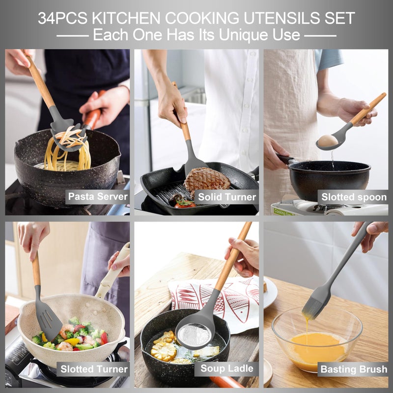 CACOLES Silicone Cooking Utensils Set 43Pcs Non-Stick Heat Resistant Kitchen Utensils Spatula Set With Wooden Handle For Baking Cooking And Mixing Best Kitchen Gadgets Tools With Holder (Grey) - Image 5