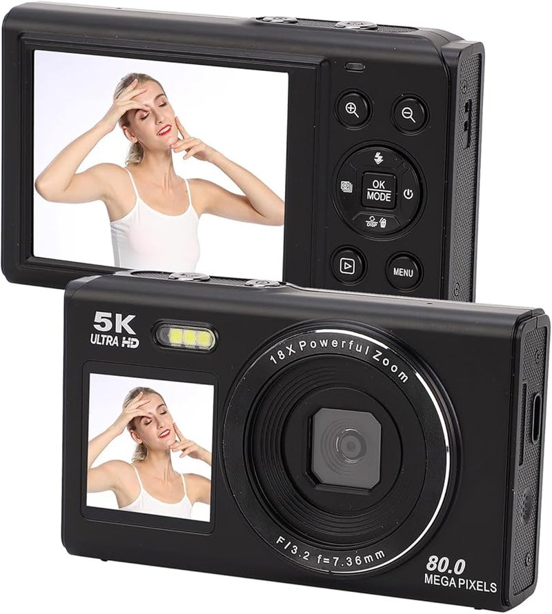 Vbestlife 5K كاميرا رقمية 80 ميجابكسل شاشة مزدوجة تكبير 18X كاميرا مدونة فيديو WiFi أسود 32 جيجابايت - Image 1