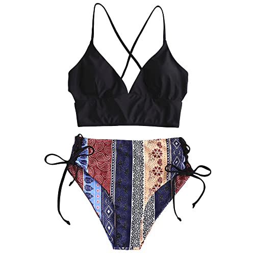 ZAFUL Women Tankini Set, Ribbed High Cut Surplice Swimsuit Bathing Suit with Spaghetti Straps(4-Black-Boho,L) - Image 1