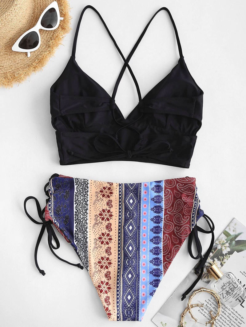 ZAFUL Women Tankini Set, Ribbed High Cut Surplice Swimsuit Bathing Suit with Spaghetti Straps(4-Black-Boho,L) - Image 2