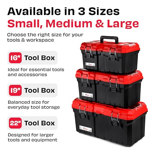 JPT 16 Inch Ultra Heavy Duty Plastic Tool Box | Empty Tool Storage Organizer with Thick Body, Metal Lock & Removable Tray | Stackable Tool Box for Home & Garage - Image 5