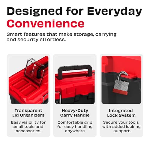 JPT 16 Inch Ultra Heavy Duty Plastic Tool Box | Empty Tool Storage Organizer with Thick Body, Metal Lock & Removable Tray | Stackable Tool Box for Home & Garage - Image 3