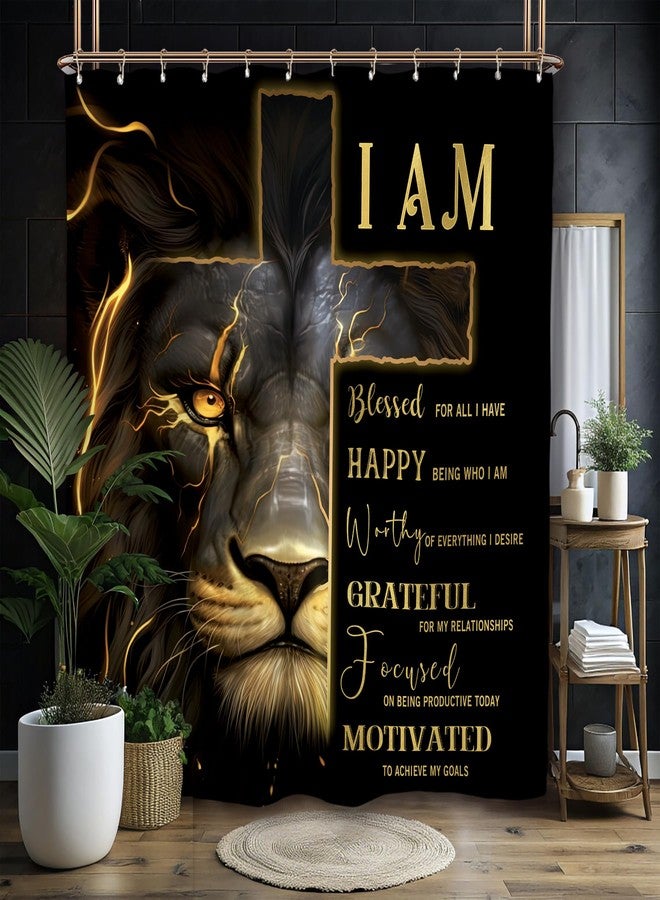 Miyotaa Lion Cross Shower Curtain Set 71Wx71H Inches Man Masculine Cool Black Gold Quotes Inspirational Motivational Positive Waterproof Bathroom Curtain with 12 Hooks - Image 1