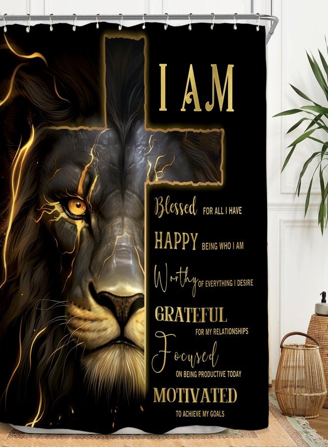 Miyotaa Lion Cross Shower Curtain Set 71Wx71H Inches Man Masculine Cool Black Gold Quotes Inspirational Motivational Positive Waterproof Bathroom Curtain with 12 Hooks - Image 2