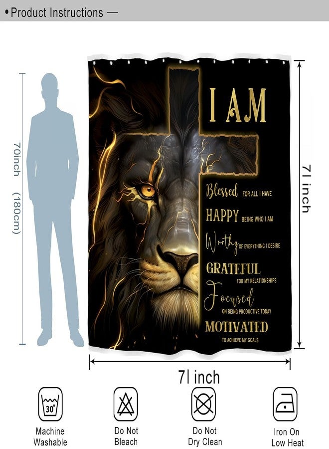Miyotaa Lion Cross Shower Curtain Set 71Wx71H Inches Man Masculine Cool Black Gold Quotes Inspirational Motivational Positive Waterproof Bathroom Curtain with 12 Hooks - Image 3
