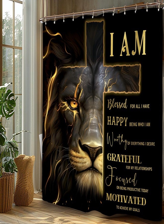 Miyotaa Lion Cross Shower Curtain Set 71Wx71H Inches Man Masculine Cool Black Gold Quotes Inspirational Motivational Positive Waterproof Bathroom Curtain with 12 Hooks - Image 5