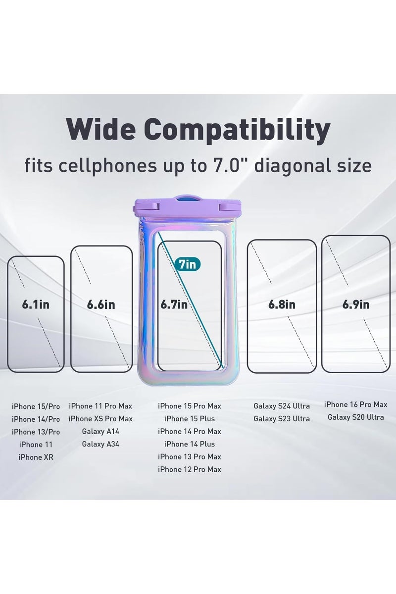 ساكن حقيبة هاتف مقاومة للماء، 18 سم، حافظة جافة عائمة IP68 لهاتف iPhone 16 Pro Max/15/14/13/12، أساسيات الشاطئ والرحلات البحرية مع حزام للرقبة (أرجواني قزحي) - Image 3