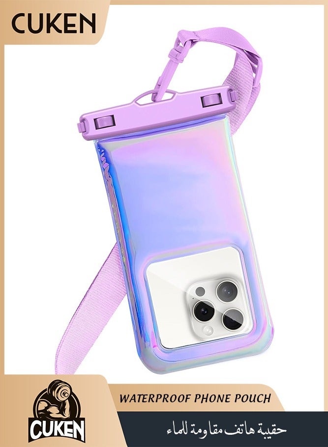 ساكن حقيبة هاتف مقاومة للماء، 18 سم، حافظة جافة عائمة IP68 لهاتف iPhone 16 Pro Max/15/14/13/12، أساسيات الشاطئ والرحلات البحرية مع حزام للرقبة (أرجواني قزحي) - Image 1