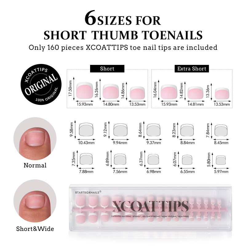 BTArtboxnails XCOATTIPS Toe Nail Tips - 160Pcs Short French Tip Press On Toenails, French Toe Nail Press Ons Pink Base, Soak Off Fake Toe Nail Extensions - Image 3