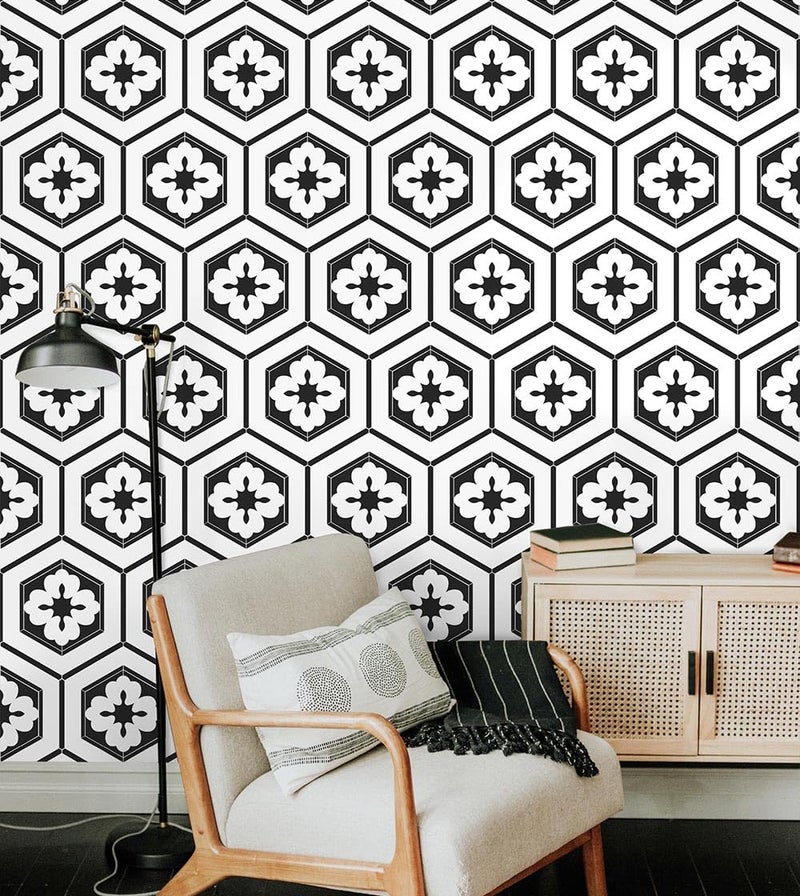 Naphite Black and White Peel and Stick Wallpaper Boho Geometric 17.3inW 78.7inL Black Modern Self Adhesive Removable Wallpaper for Bathroom Kitchen Backsplash Waterproof Contact Paper for Cabinets - Image 1