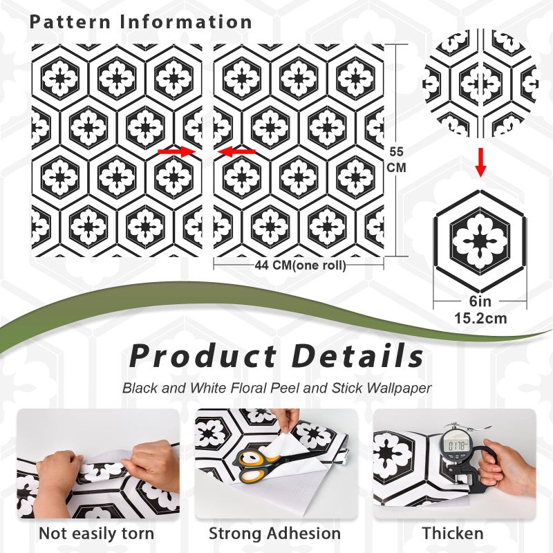 Naphite Black and White Peel and Stick Wallpaper Boho Geometric 17.3inW 78.7inL Black Modern Self Adhesive Removable Wallpaper for Bathroom Kitchen Backsplash Waterproof Contact Paper for Cabinets - Image 3