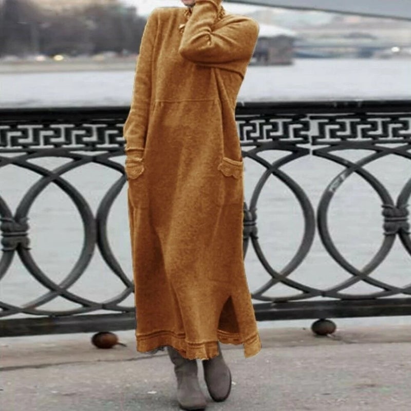 2024 New AliExpress Autumn New Loose plus size Knitted Lace Long Dress fleece-lined Sweater Casual dress Orange - Image 1