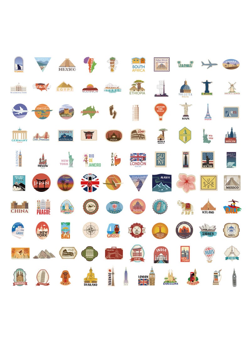100Pcs World Travel Stickers Pack, Waterproof Vinyl Travel Map Stickers for Suitcase Bicycle Laptop Water Bottle Notebooks Diary Journaling Scrapbooking Aesthetic Vintage Tourism Decals