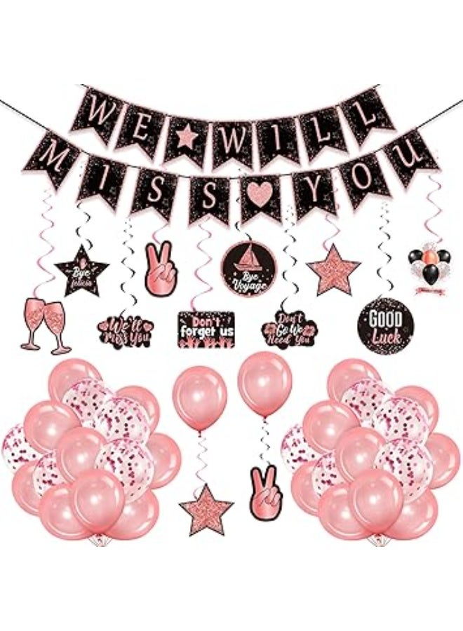 53 Pcs Farewell Party Decorations Set We Will Miss You Banner Confetti Balloon Going Away Party Hanging Swirls Decor Kit for Retirement Farewell Going Away Job Change Parties(Black and Pink)