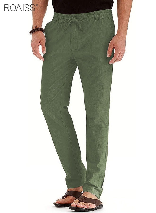 رويس بنطلون رجالي كاجوال بلون واحد من القطن متعدد الاستخدامات للأعمال بنطلون رجالي ناعم ومريح متوسط ​​الارتفاع مستقيم طويل فضفاض برباط خصر مرن تصميم أخضر عسكري - Image 2
