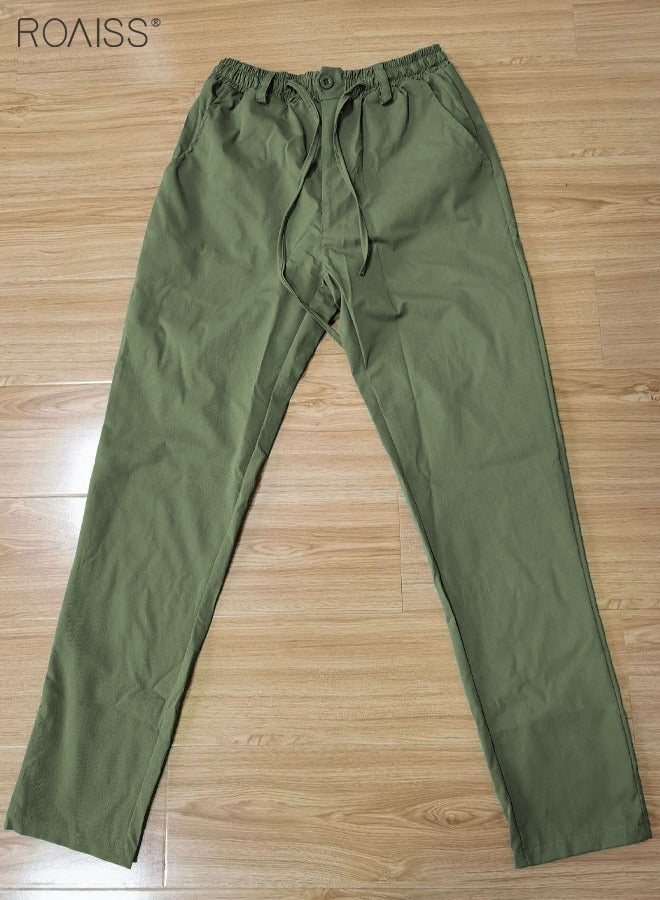 رويس بنطلون رجالي كاجوال بلون واحد من القطن متعدد الاستخدامات للأعمال بنطلون رجالي ناعم ومريح متوسط ​​الارتفاع مستقيم طويل فضفاض برباط خصر مرن تصميم أخضر عسكري - Image 5