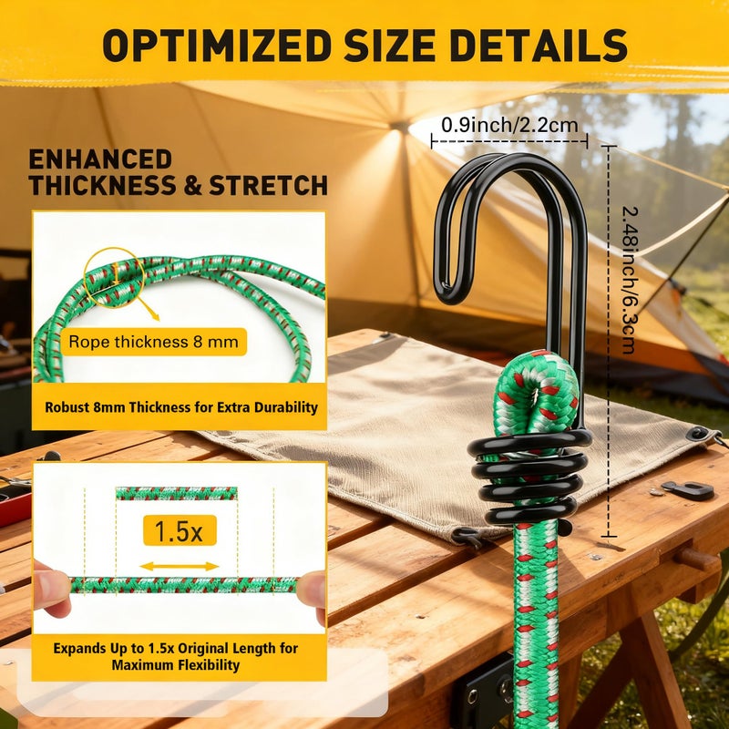 ELEAD Bungee Cords Heavy Duty Outdoor: 20 Pcs Premium Rubber Bungee Cords with Hooks in a Storage Jar Includes 10", 18", 24", 30", 36", 48" Bungee Cord for Camping, Tent, Fastening Items - Image 3