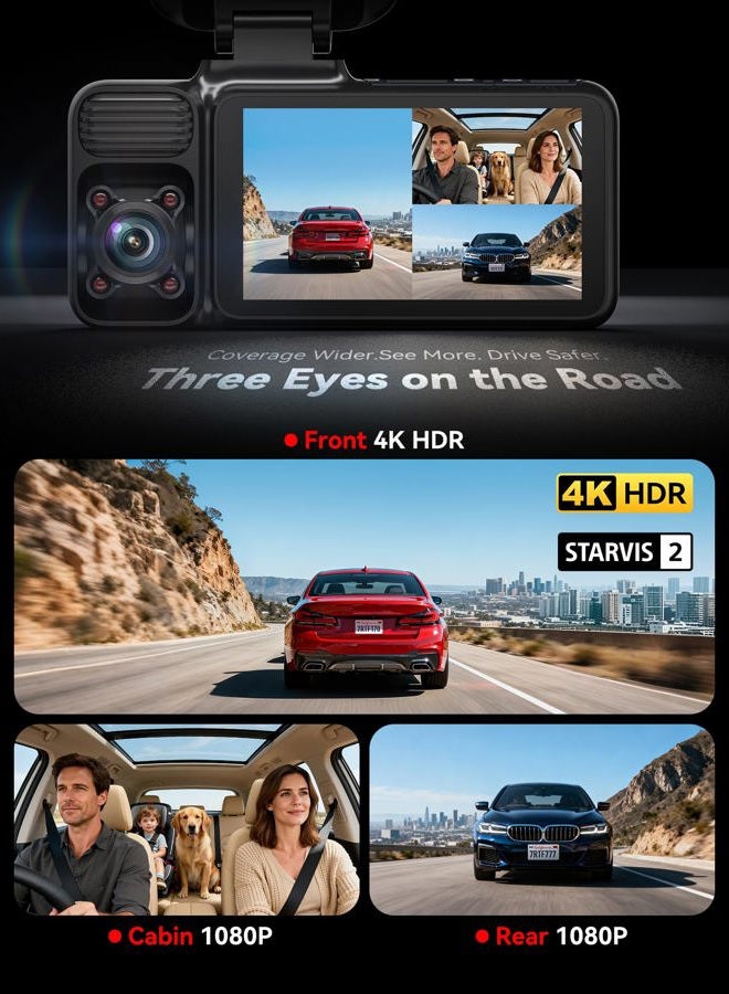 REDTIGER 4K 3 Channel Dash Cam Car 5G WiFi GPS, Free 64GB Map, 2160P + 1080P + 1080P Front Rear and Indoor, Loop Recording, Triple Car Camera with 3 Inch Screen, IR Night Vision, Parking Mode - Image 2