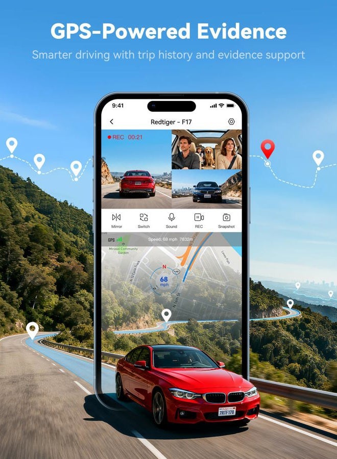 REDTIGER 4K 3 Channel Dash Cam Car 5G WiFi GPS, Free 64GB Map, 2160P + 1080P + 1080P Front Rear and Indoor, Loop Recording, Triple Car Camera with 3 Inch Screen, IR Night Vision, Parking Mode - Image 5