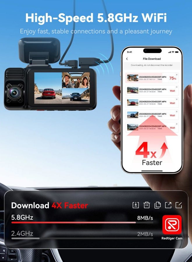 REDTIGER 4K 3 Channel Dash Cam Car 5G WiFi GPS, Free 64GB Map, 2160P + 1080P + 1080P Front Rear and Indoor, Loop Recording, Triple Car Camera with 3 Inch Screen, IR Night Vision, Parking Mode - Image 4