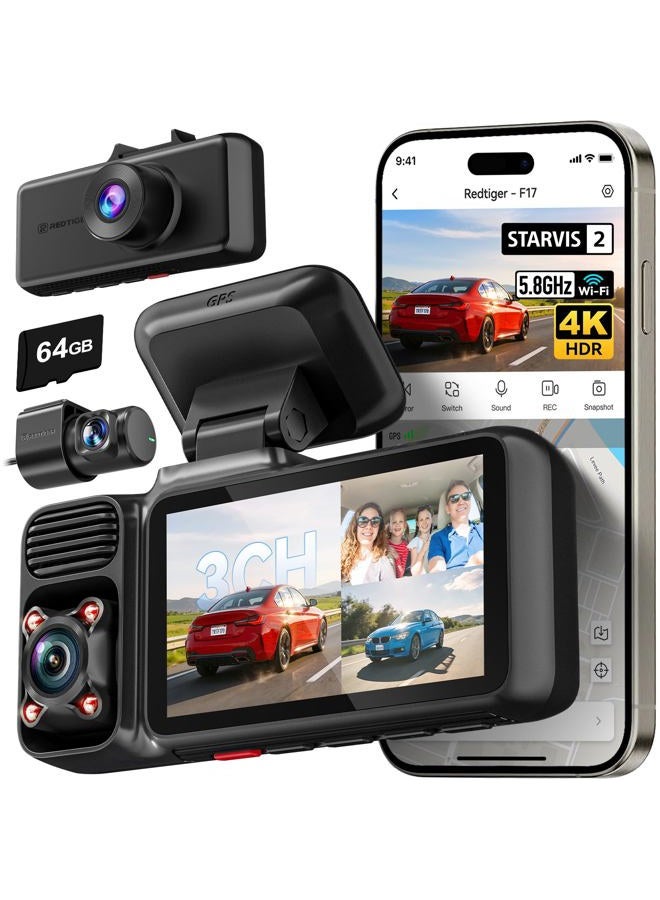 REDTIGER 4K 3 Channel Dash Cam Car 5G WiFi GPS, Free 64GB Map, 2160P + 1080P + 1080P Front Rear and Indoor, Loop Recording, Triple Car Camera with 3 Inch Screen, IR Night Vision, Parking Mode - Image 1