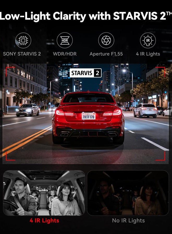 REDTIGER 4K 3 Channel Dash Cam Car 5G WiFi GPS, Free 64GB Map, 2160P + 1080P + 1080P Front Rear and Indoor, Loop Recording, Triple Car Camera with 3 Inch Screen, IR Night Vision, Parking Mode - Image 3