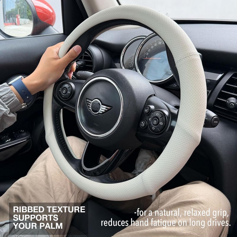 PINCTROT Large Size Nappa Leather Steering Wheel Cover with Ergonomic Palm Support Grip, Full Perforated Breathable, Slim Fit No Bulk Design,15.5-15.75 Inch(Cream White) - Image 2