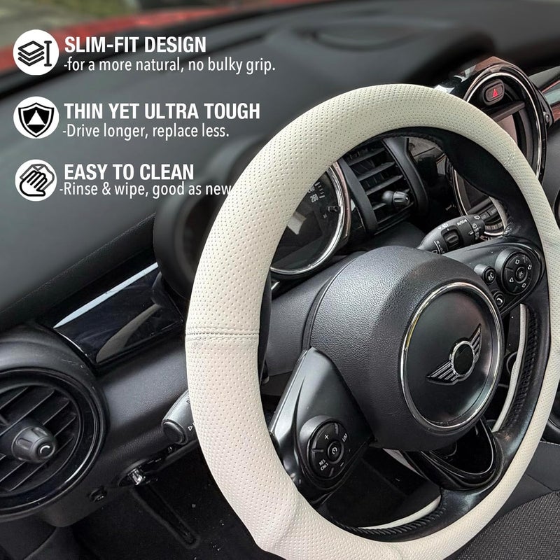 PINCTROT Large Size Nappa Leather Steering Wheel Cover with Ergonomic Palm Support Grip, Full Perforated Breathable, Slim Fit No Bulk Design,15.5-15.75 Inch(Cream White) - Image 3