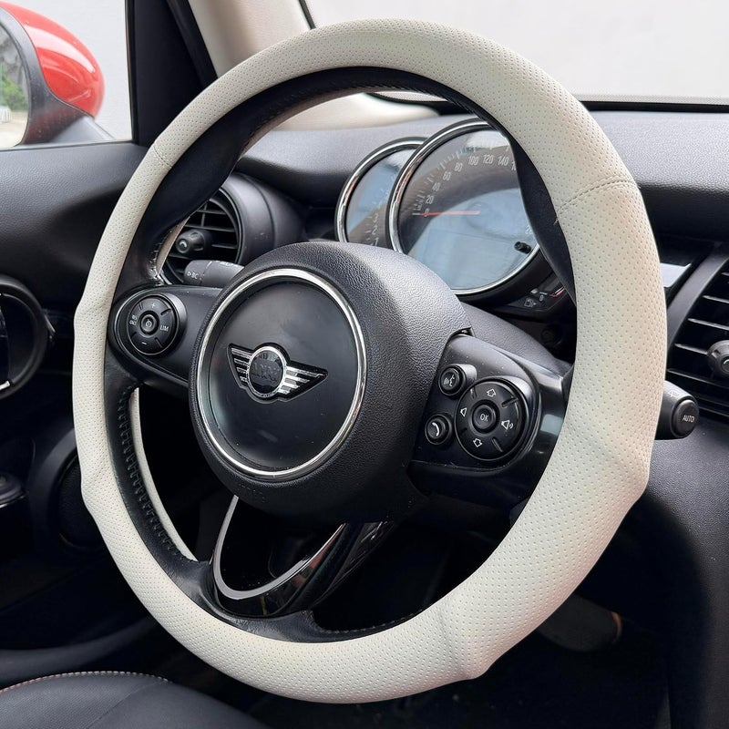 PINCTROT Large Size Nappa Leather Steering Wheel Cover with Ergonomic Palm Support Grip, Full Perforated Breathable, Slim Fit No Bulk Design,15.5-15.75 Inch(Cream White) - Image 1