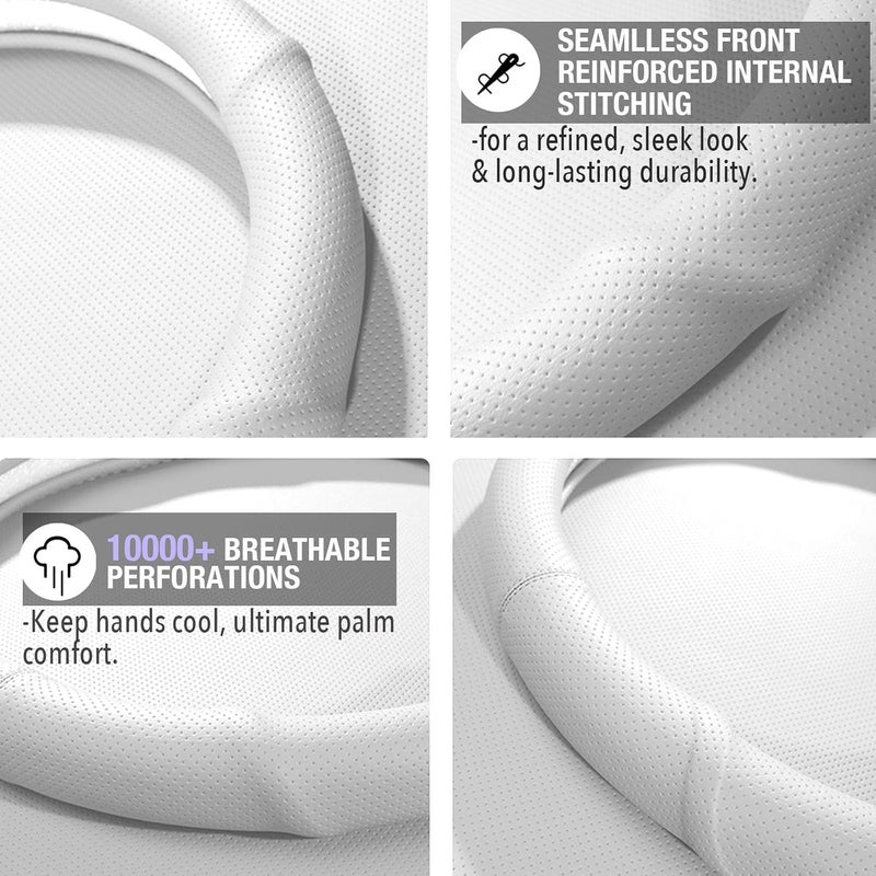 PINCTROT Large Size Nappa Leather Steering Wheel Cover with Ergonomic Palm Support Grip, Full Perforated Breathable, Slim Fit No Bulk Design,15.5-15.75 Inch(Cream White) - Image 4