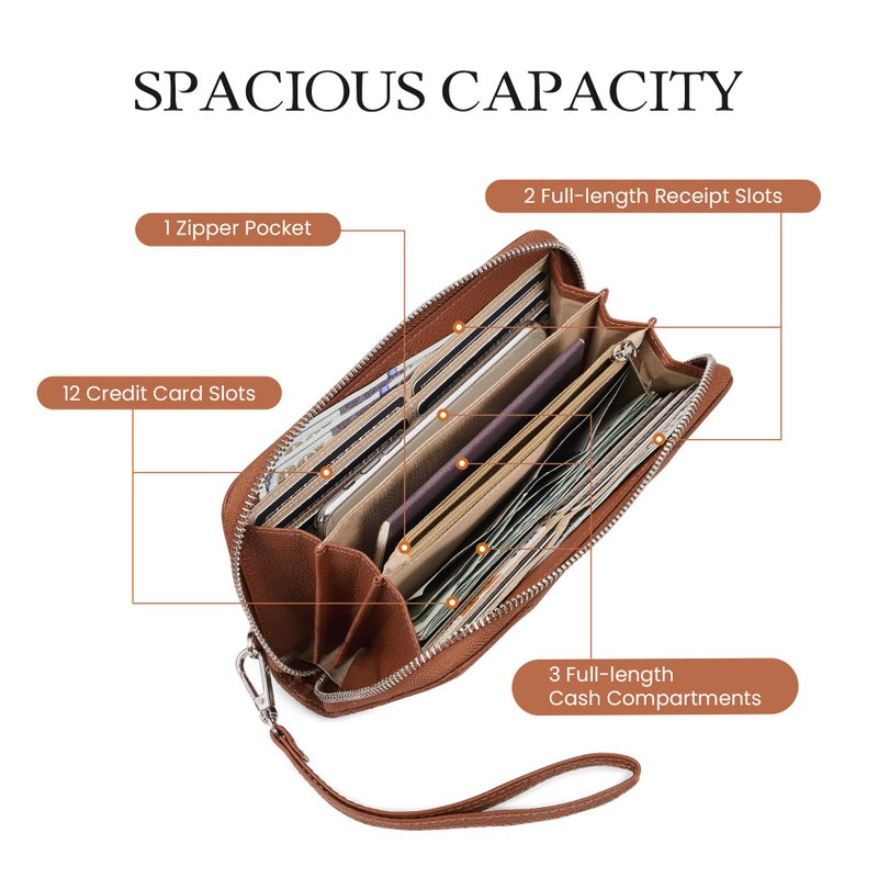 befen Genuine Leather Wristlet Wallets for Women Zip Around Quilted Wallet, Womens Brown Clutch Wallet with RFID Blocking - Image 4