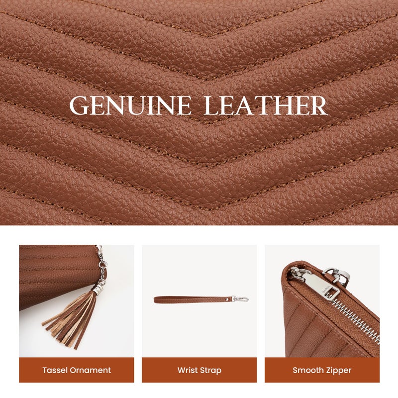 befen Genuine Leather Wristlet Wallets for Women Zip Around Quilted Wallet, Womens Brown Clutch Wallet with RFID Blocking - Image 3